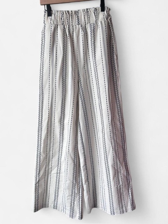 p.cill Pants - Striped Wide-Leg Elastic Waist Pants - Black & White pcill XS Linen Viscose